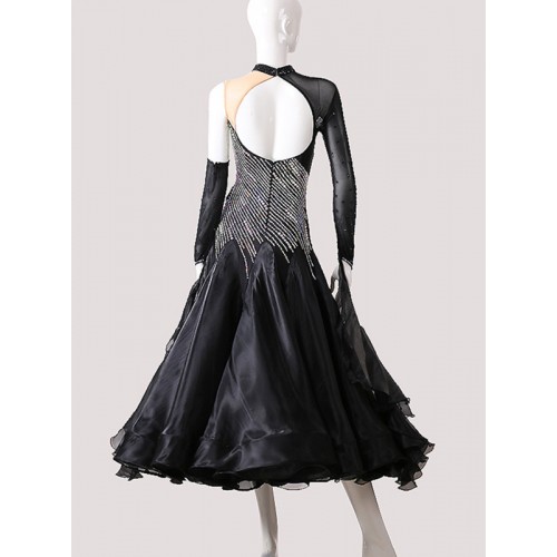 Custom size diamond black color women girls ballroom dance dresses one shoulder waltz tango flamenco foxtrot smooth dance long dresses